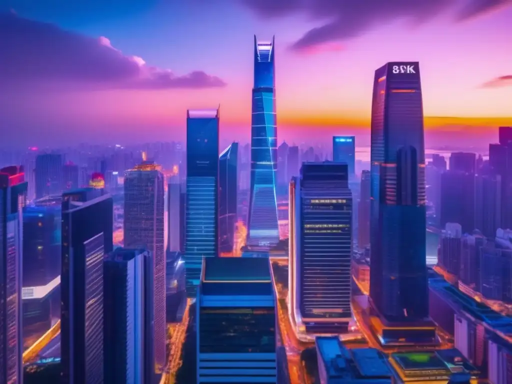 Financiero asiático vibrante al atardecer Distrito financiero asiático al atardecer: Estrategias de inversión en Asia