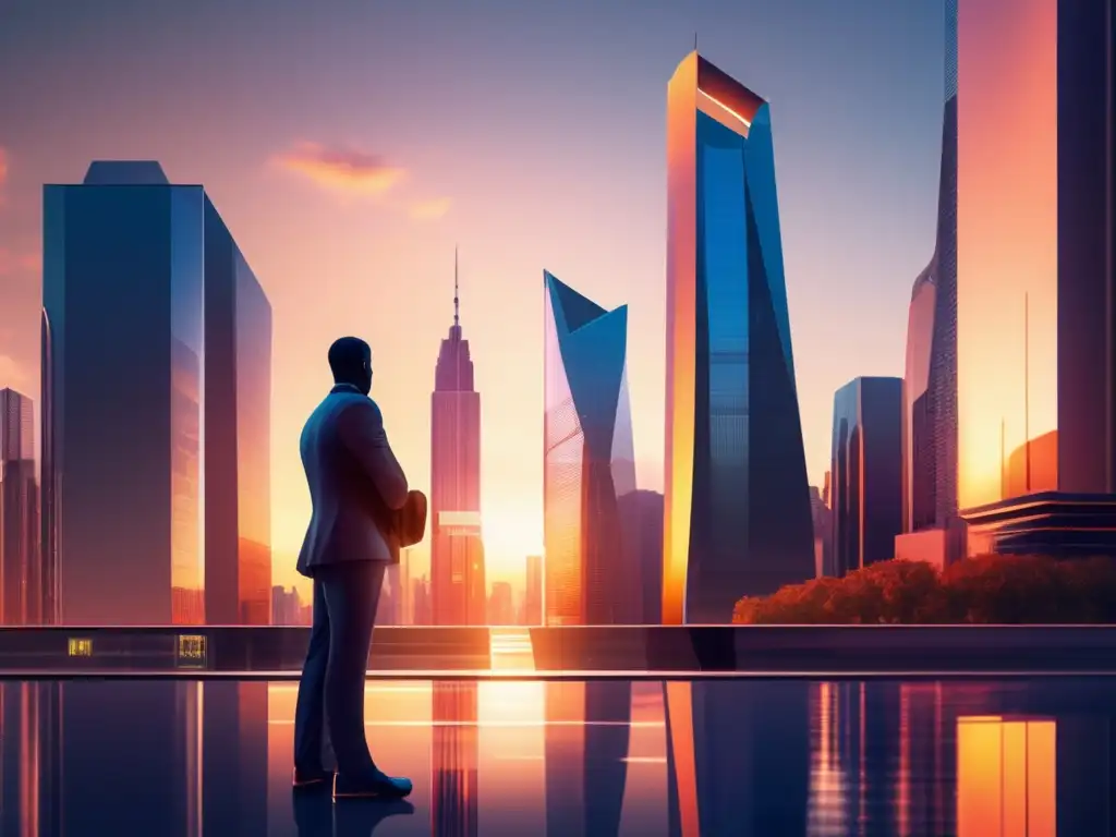 Distrito financiero futurista al atardecer Distrito financiero futurista al atardecer, con rascacielos modernos, transparencia financiera, protección al inversor y regulaciones de IA