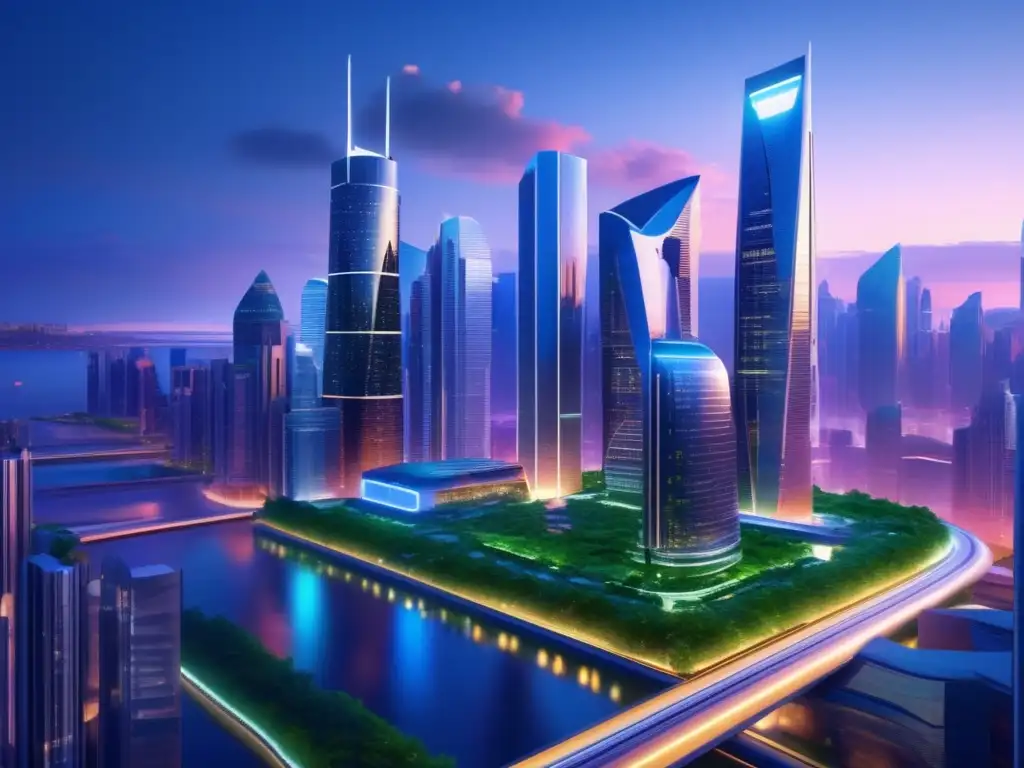Distrito financiero futurista con tecnología y naturaleza Distrito financiero futurista al atardecer con tecnología, naturaleza y arquitectura moderna