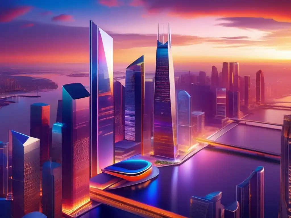 Distrito financiero futurista al atardecer Distrito financiero futurista con IA: Skyscrapers, puentes de cristal y profesionales con hologramas
