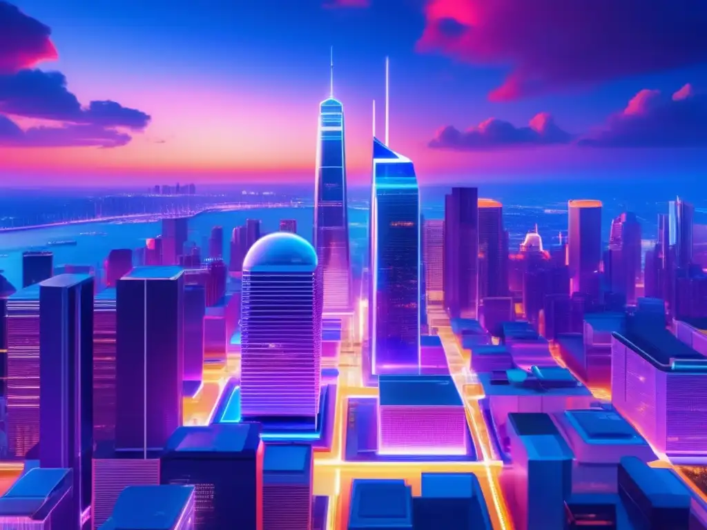 Futuro financiero con IA Un distrito financiero futurista iluminado por luces de neón, reflejando la innovación y eficiencia de la inteligencia artificial en finanzas
