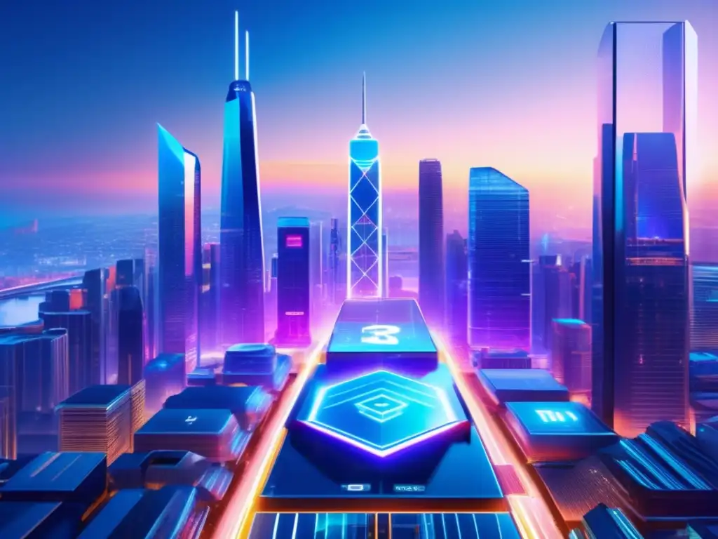 Futuro distrito financiero con blockchain y AR Distrito financiero futurista con rascacielos de vidrio, logos de instituciones financieras y tecnología blockchain
