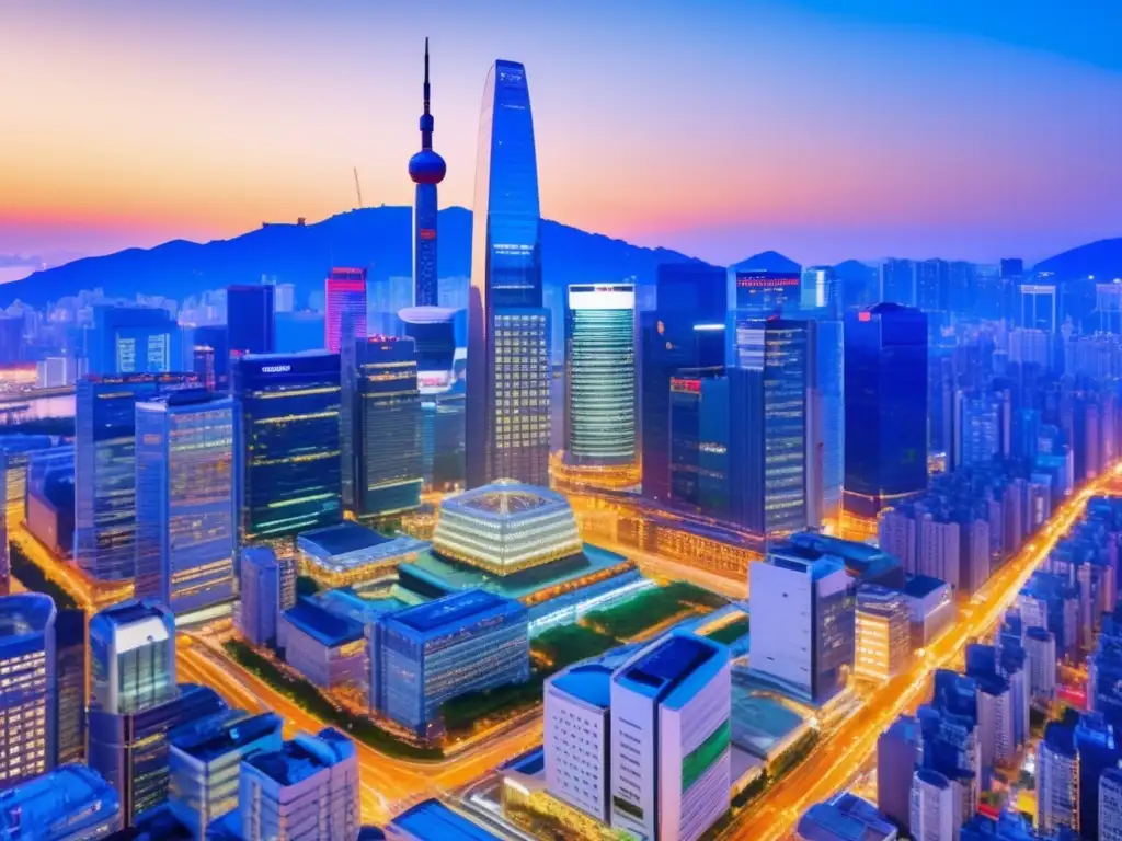 Distrito financiero de Seúl: seguridad y profesionalismo en criptomonedas Distrito financiero en Seúl, Corea del Sur, con rascacielos, inversores y criptoregulación