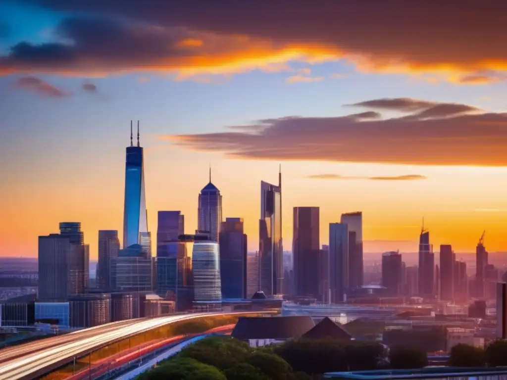 Ciudad moderna al atardecer Diversificación inversión en índices sectoriales: ciudad moderna, rascacielos, atardecer vibrante