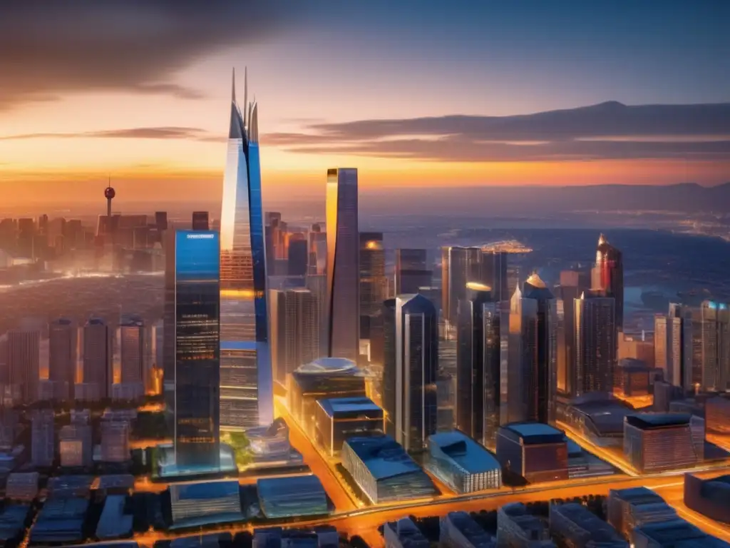 Impresionante ciudad moderna diversa Diversificación inmobiliaria: Ciudad moderna con propiedades diversas, altares comerciales y residenciales, parque central y cielo azul
