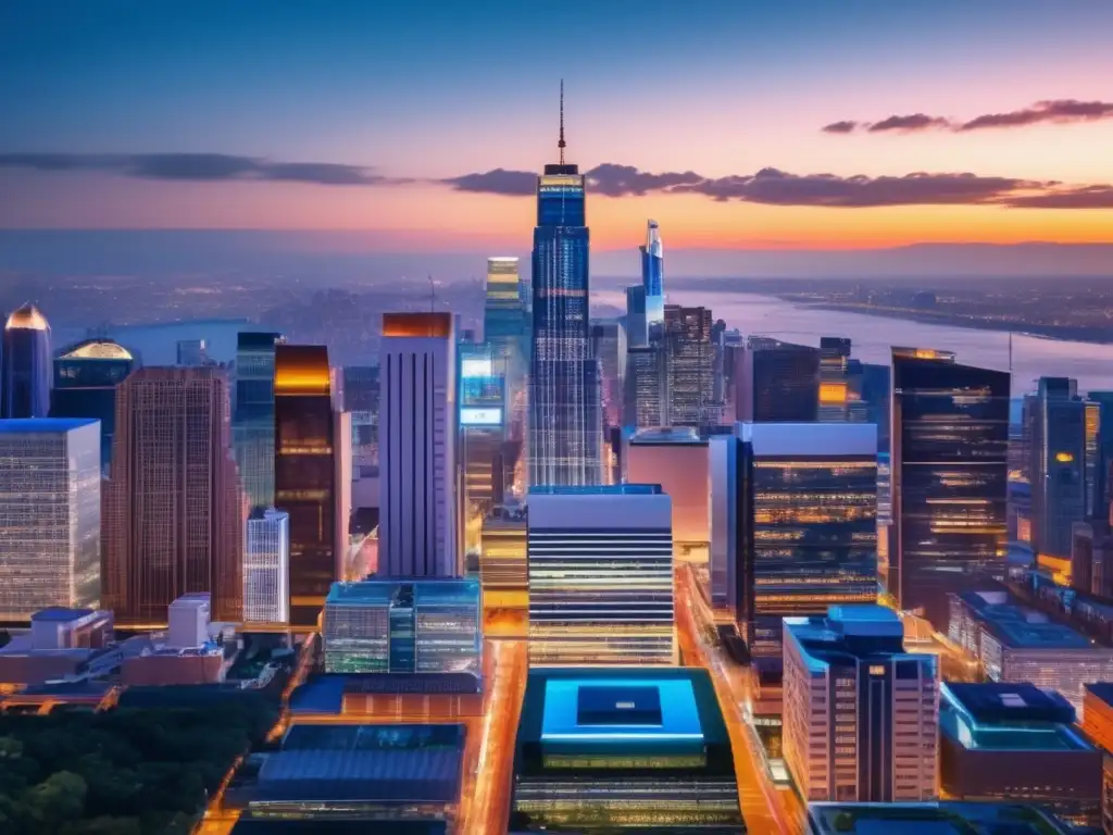 Ciudad nocturna con rascacielos y luces Diversificación inversiones mercados inmobiliarios crecimiento: Impresionante imagen 8K muestra ciudad vibrante al atardecer