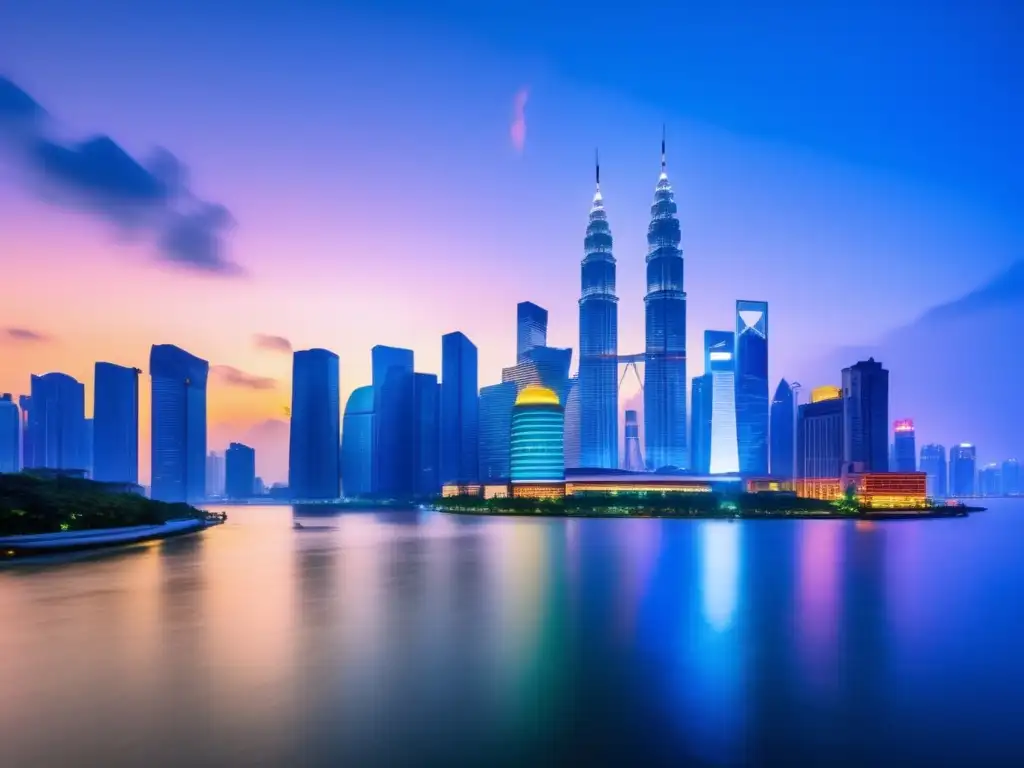 Oportunidades de inversión en Asia Diversificación de inversiones en Asia: ciudad moderna al atardecer, rascacielos iluminados y dinamismo