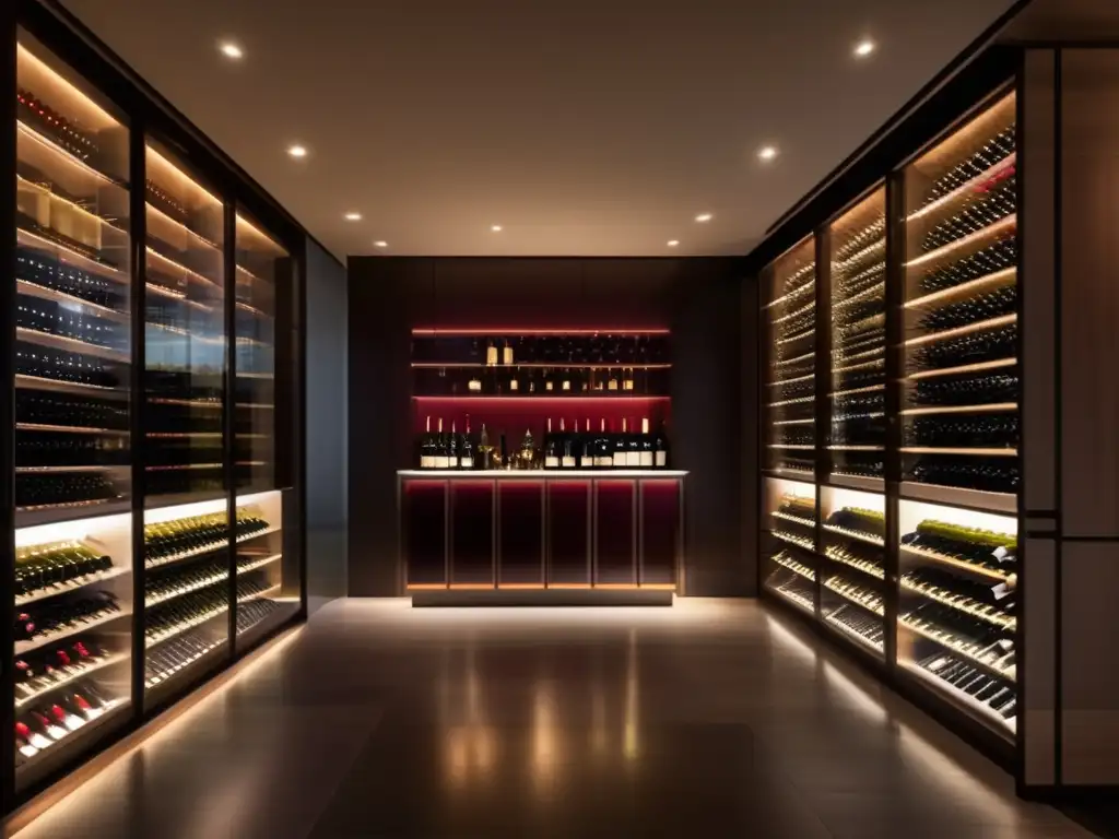 Elegancia en la bodega de vinos Diversificación inversiones vinos licores: Bodega moderna con paredes de vidrio, botellas organizadas, sommelier sirviendo vino a pareja elegante