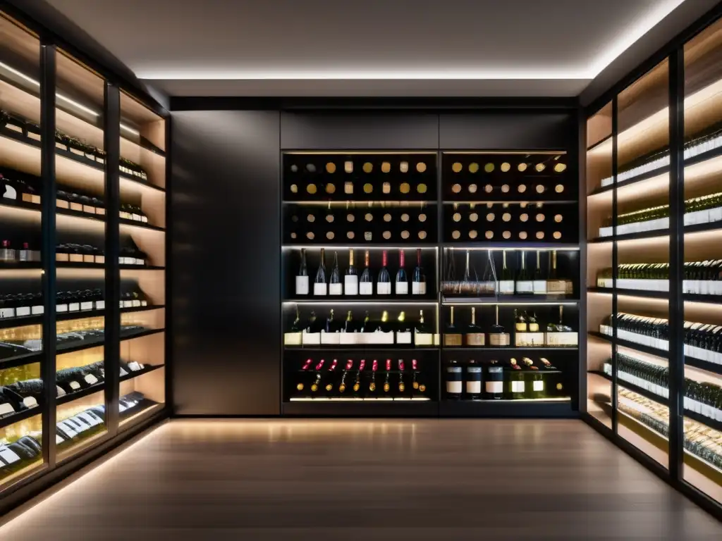 Lujosa bodega de vinos con vista panorámica Diversificación inversiones vinos licores: Moderna bodega con paredes de vidrio, estantes metálicos negros llenos de vinos y licores premium