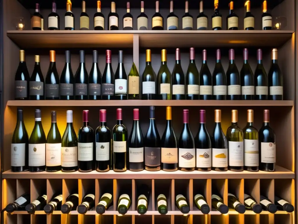Bodega de vinos elegante y organizada Diversificación inversiones vinos licores: bodega elegante, organizada, con botellas de vino cuidadosamente dispuestas