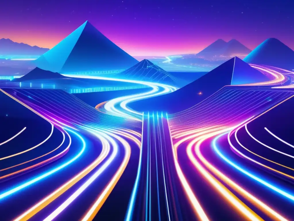Forks en criptomonedas: Caminos divergentes Entendiendo divisiones criptomonedas en imagen futurista de carreteras iluminadas con nombres de criptomonedas