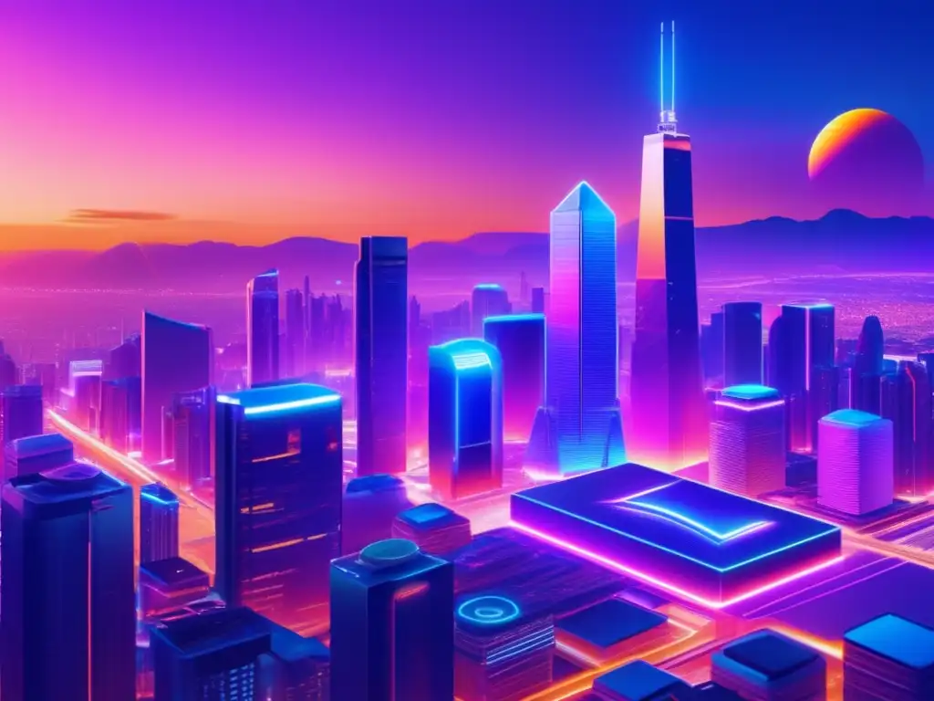 Futurista ciudad con criptomonedas Economía criptomonedas tokenomics entendiendo: Futurista ciudad con rascacielos holográficos y transacciones digitales