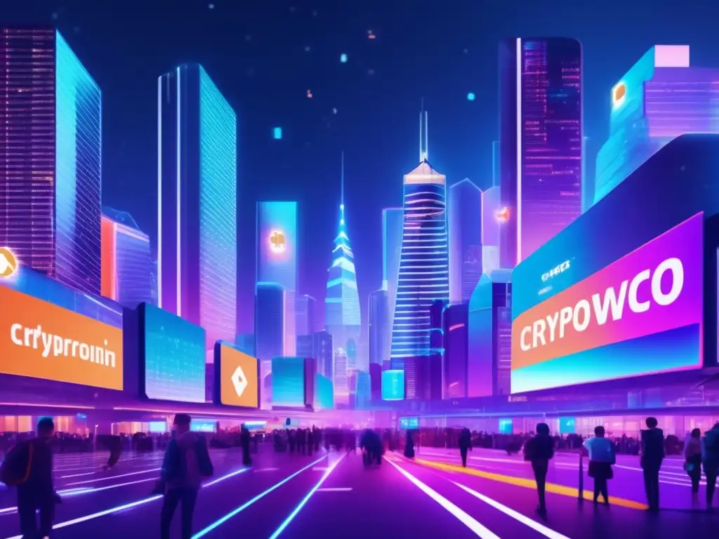Ciudad futurista con criptomonedas Guía DeFi: Navegando en economía digital - Ciudad futurista con rascacielos y personas interactuando con tecnología financiera