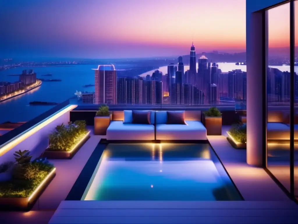 Edificio de apartamentos de lujo en una vibrante ciudad al atardecer Edificio de apartamentos de lujo con diseño arquitectónico moderno y vista panorámica de la ciudad al atardecer