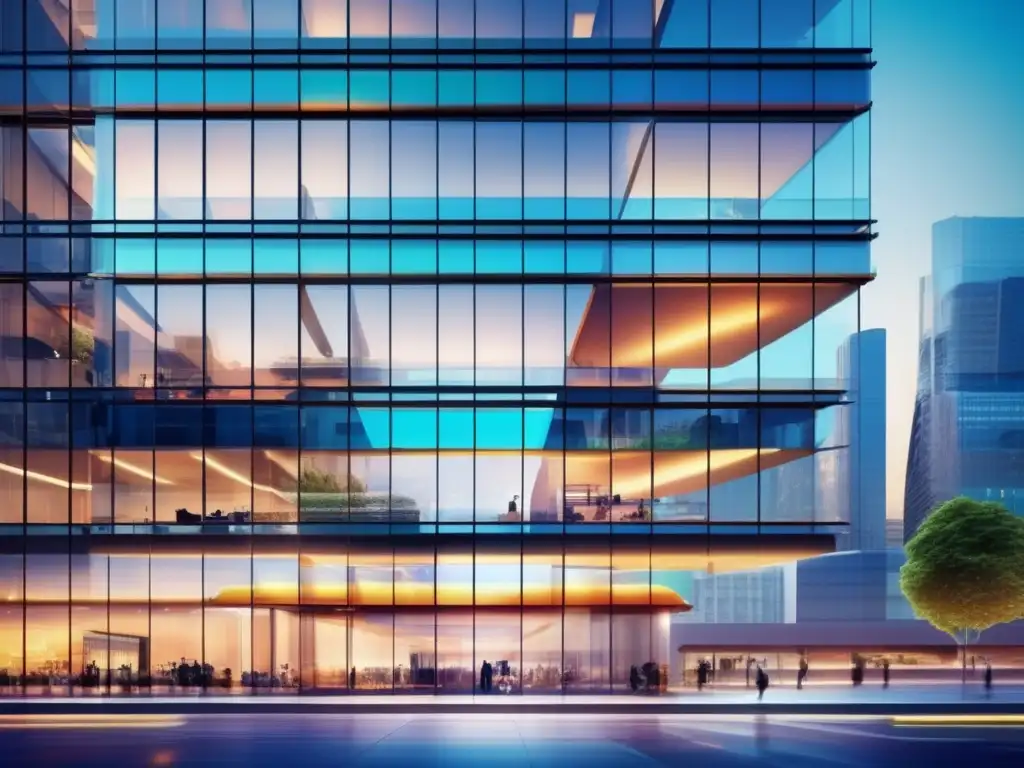 Edificio comercial moderno en una ciudad vibrante Edificio comercial moderno, sofisticado y futurista en vibrante ciudad