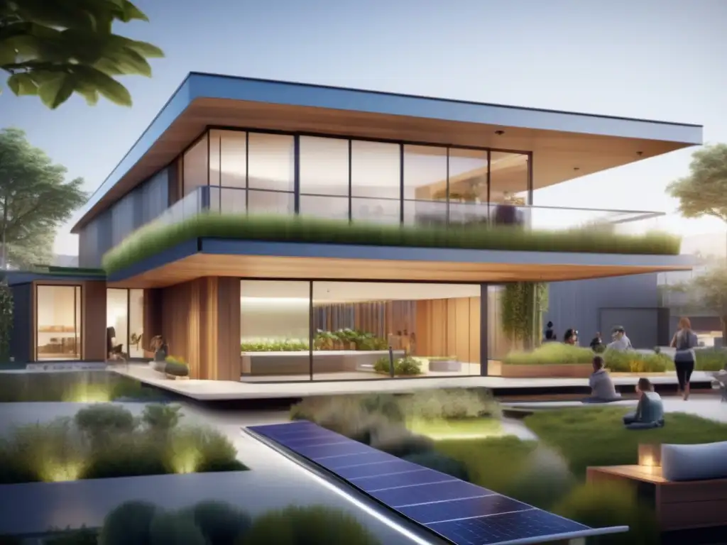 Edificio sostenible con diseño ecoamigable Edificio ecológico con diseño sostenible, tecnología integrada y espacios al aire libre