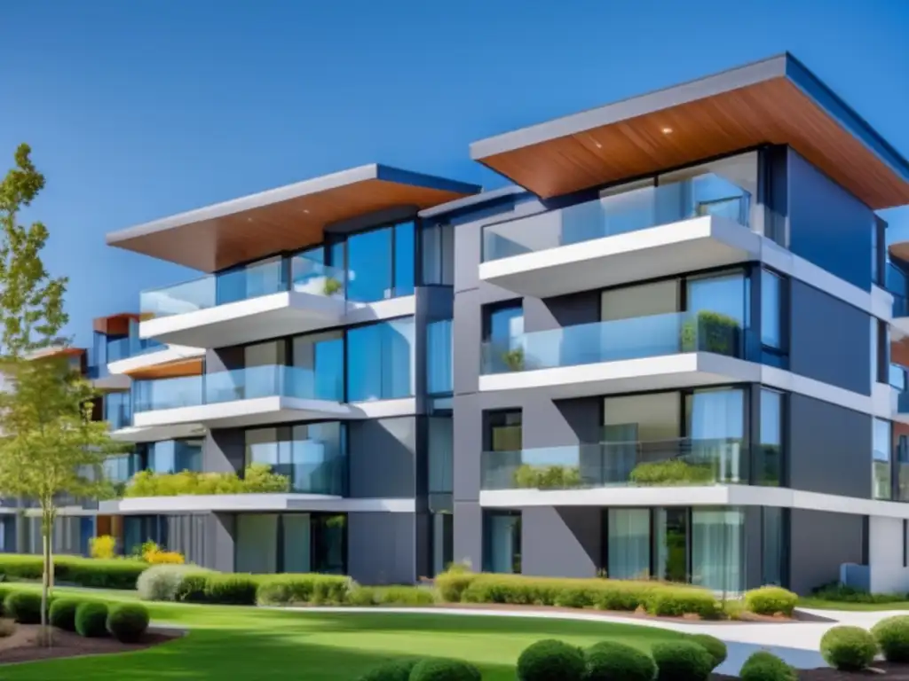 Edificio moderno con amplios ventanales y paisajismo vibrante Edificio moderno con cielo azul, para generar ingresos pasivos con bienes raíces