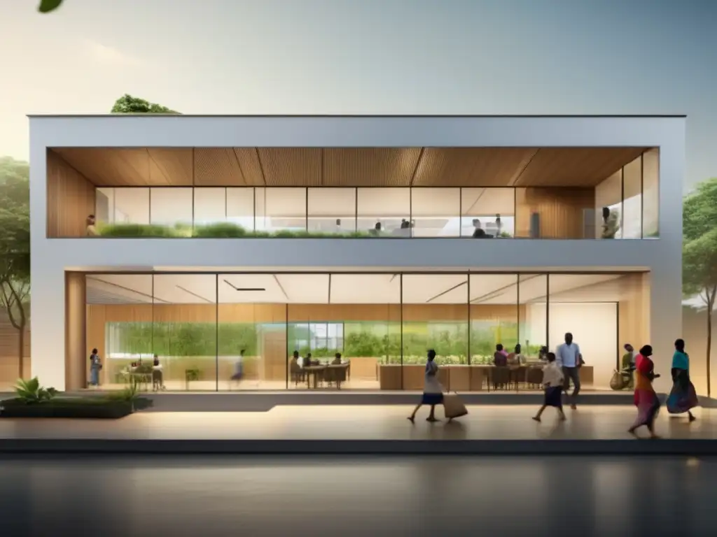 Microfinanzas inclusivas y transparentes Edificio moderno de microfinanzas con luz natural, inclusión y medición de éxito social