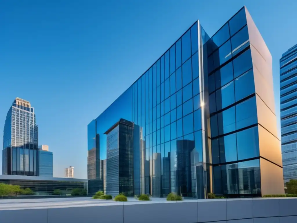 Edificio moderno y sofisticado en la ciudad Edificio moderno de oficinas con vidrios de piso a techo, reflejando una ciudad vibrante
