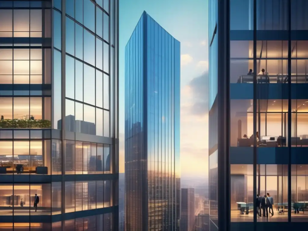 Edificio de oficinas moderno reflejando la ciudad Edificio de oficinas moderno que refleja el dinamismo de la bolsa y la importancia de entender su funcionamiento
