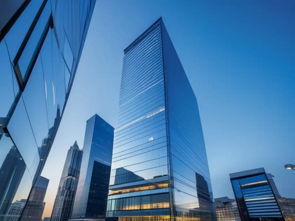 Edificio de oficinas moderno y sofisticado en la ciudad Un edificio de oficinas moderno y elegante con una fachada de vidrio en una ciudad vibrante