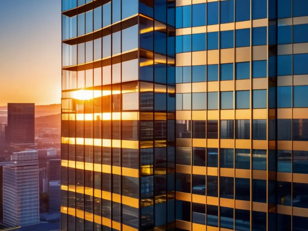 Edificio moderno y elegante en la ciudad Edificio de oficinas moderno reflejando el éxito financiero y el valor neto de activos REITs