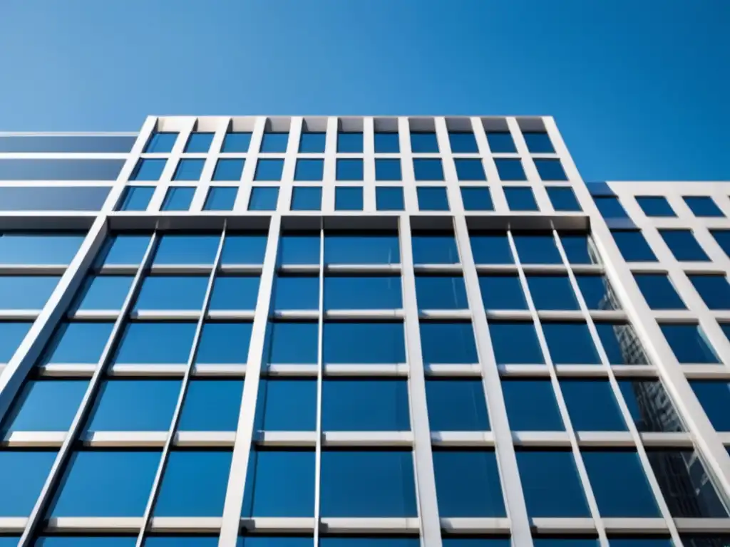 Edificio moderno de vidrio en la ciudad Edificio de oficinas moderno con fachada de vidrio, reflejando la energía urbana y el éxito de los REITs (110 caracteres)