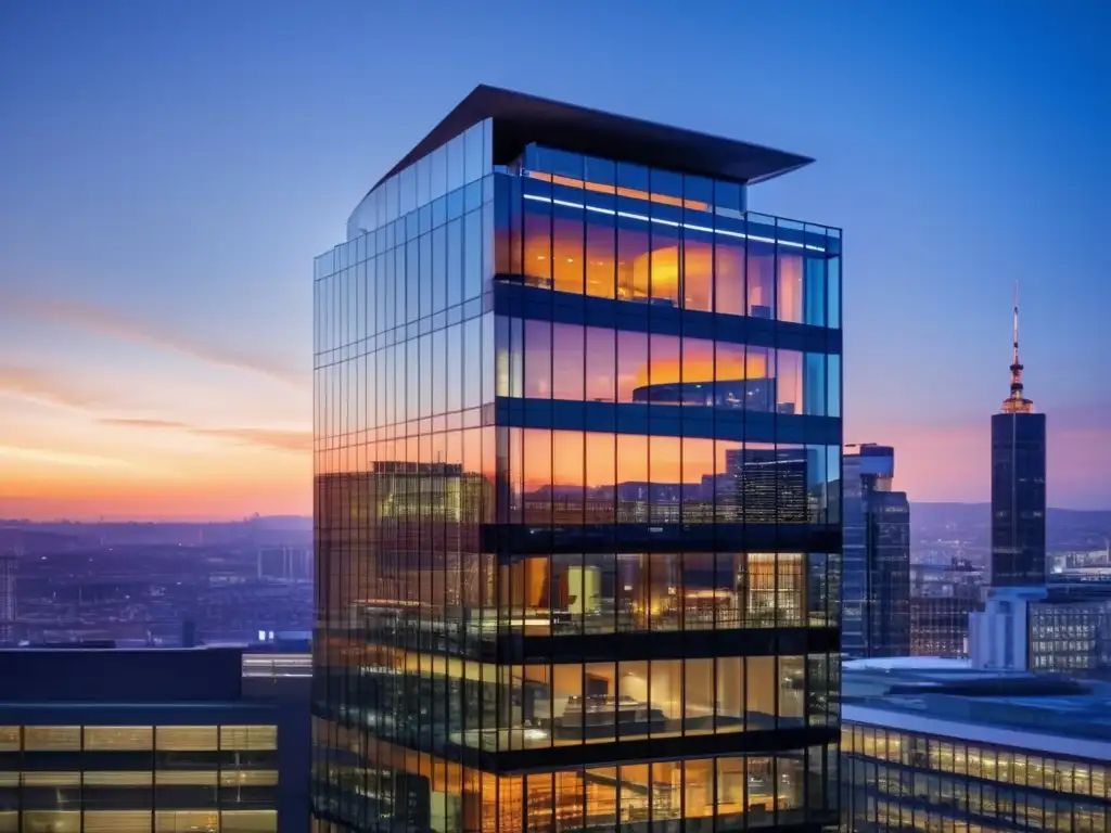 Edificio de oficinas moderno iluminado en una vibrante ciudad al atardecer Edificio de oficinas moderno iluminado destaca en la ciudad al atardecer