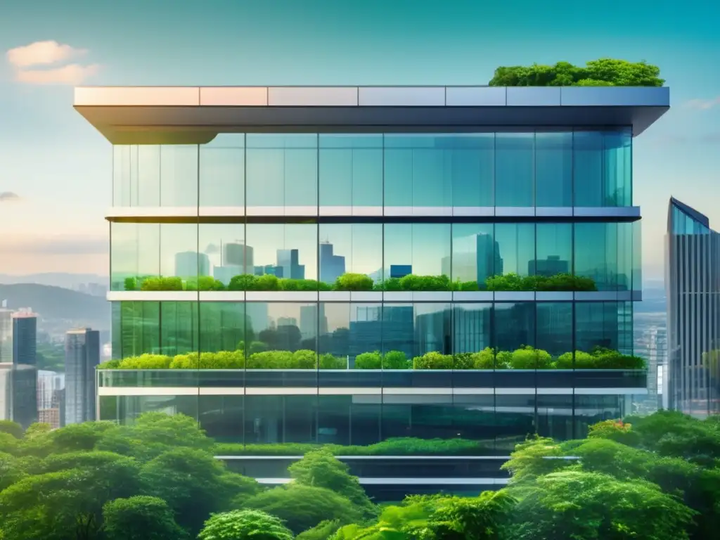 Edificio corporativo con vista urbana y naturaleza Un edificio de oficinas moderno con ventanales de piso a techo, reflejando el vibrante horizonte de la ciudad en segundo plano