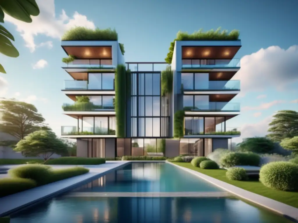 Moderno edificio residencial en paisaje urbano vibrante Edificio residencial moderno con vistas urbanas y amenidades de lujo