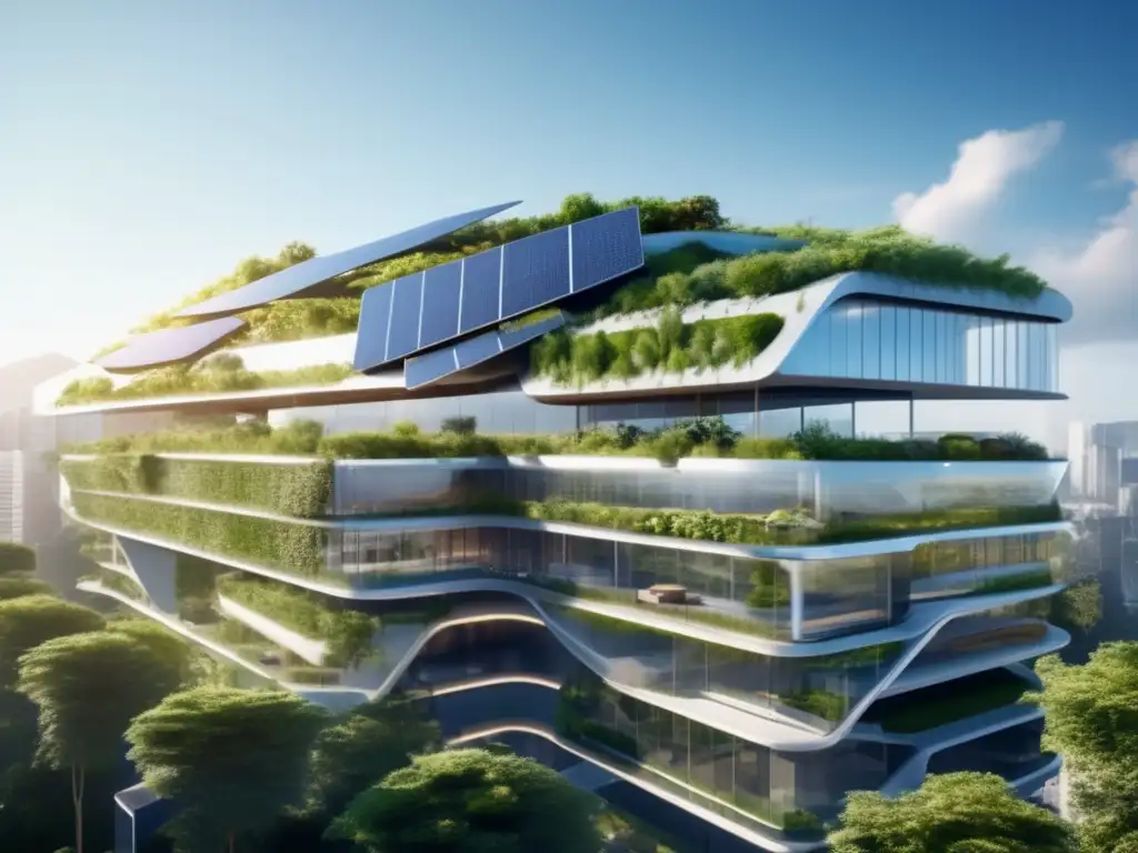 Edificio sustentable con vegetación y energía solar Edificio sustentable con certificaciones de sostenibilidad y naturaleza integrada en diseño