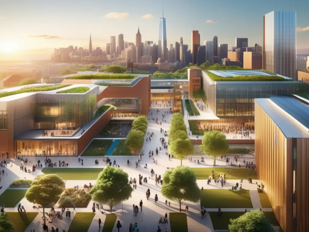 Ciudad educativa llena de vida Inversión educativa en América Latina: Ciudad con instituciones educativas modernas, estudiantes activos y arquitectura innovadora
