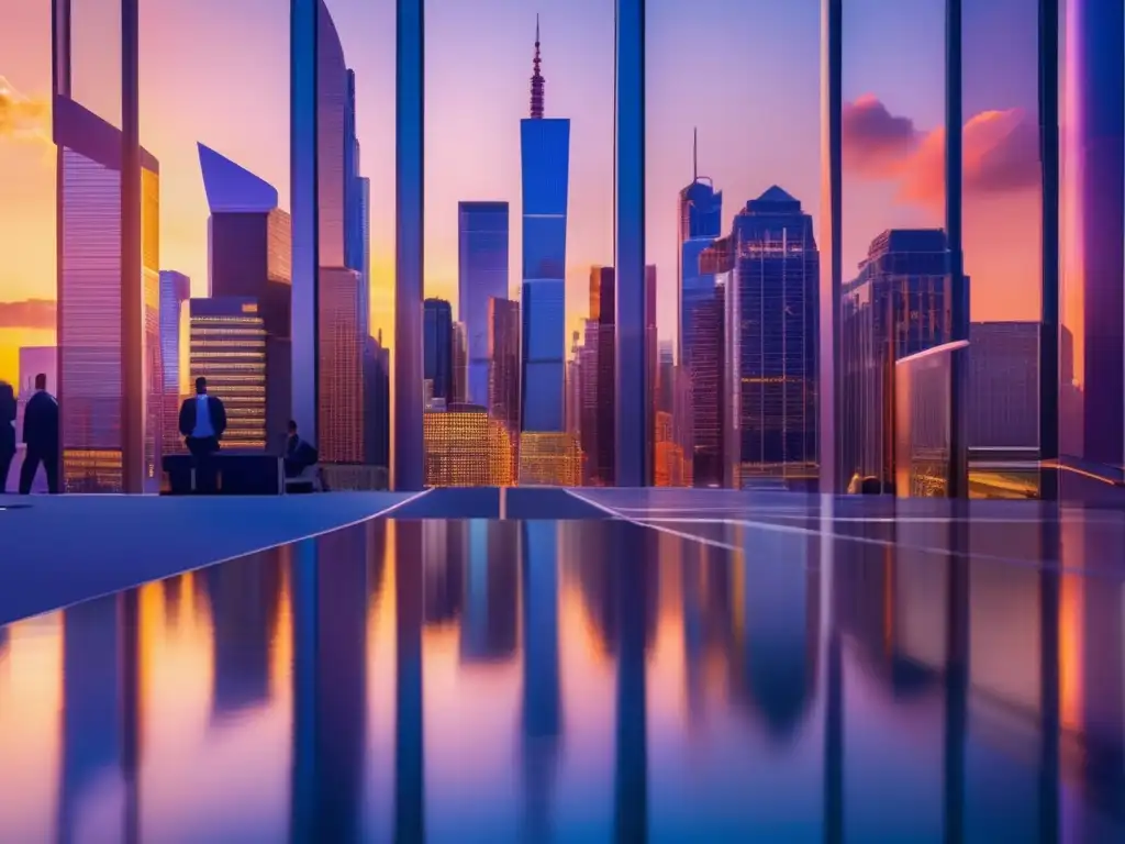 Centro financiero moderno al atardecer Diversificación efectiva para pequeños inversores: moderno distrito financiero al atardecer, rascacielos brillantes y futuristas reflejando el cielo