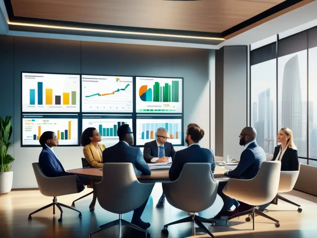 Grupo diverso de inversores discutiendo estrategias de inversión Diversificación efectiva para pequeños inversores en una sala de conferencias moderna y luminosa