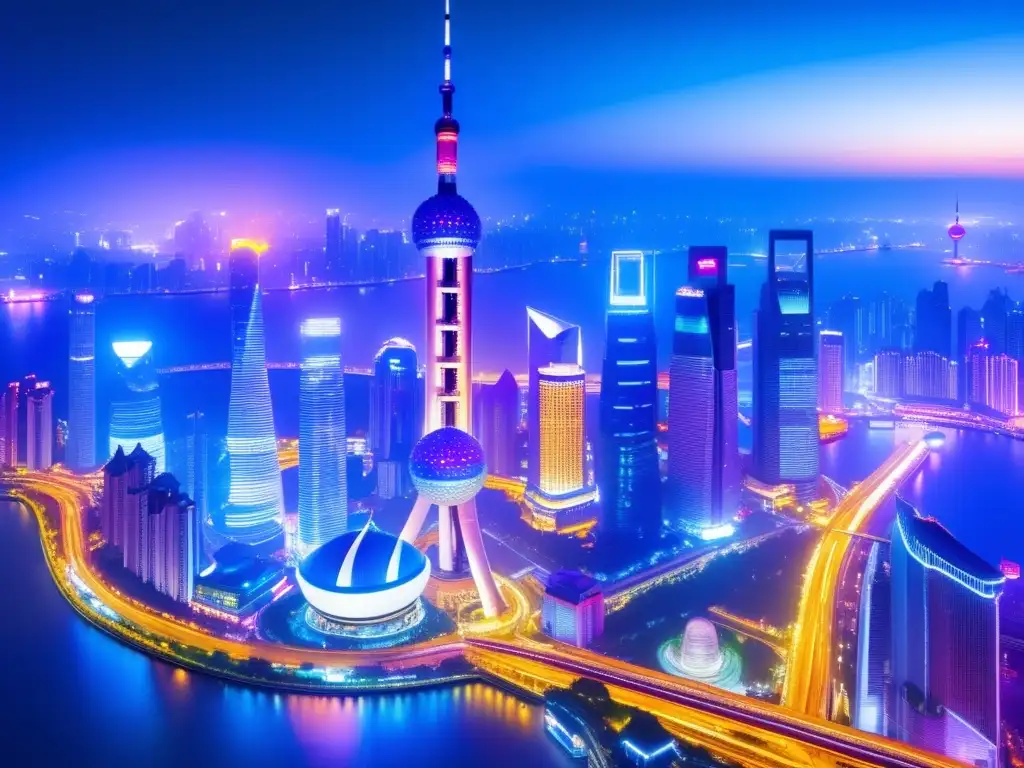 Ciudad nocturna en Shanghai, China Efecto dominó economía China mercados internacionales - Ciudad nocturna vibrante en Shanghai, China, con rascacielos iluminados y tráfico constante