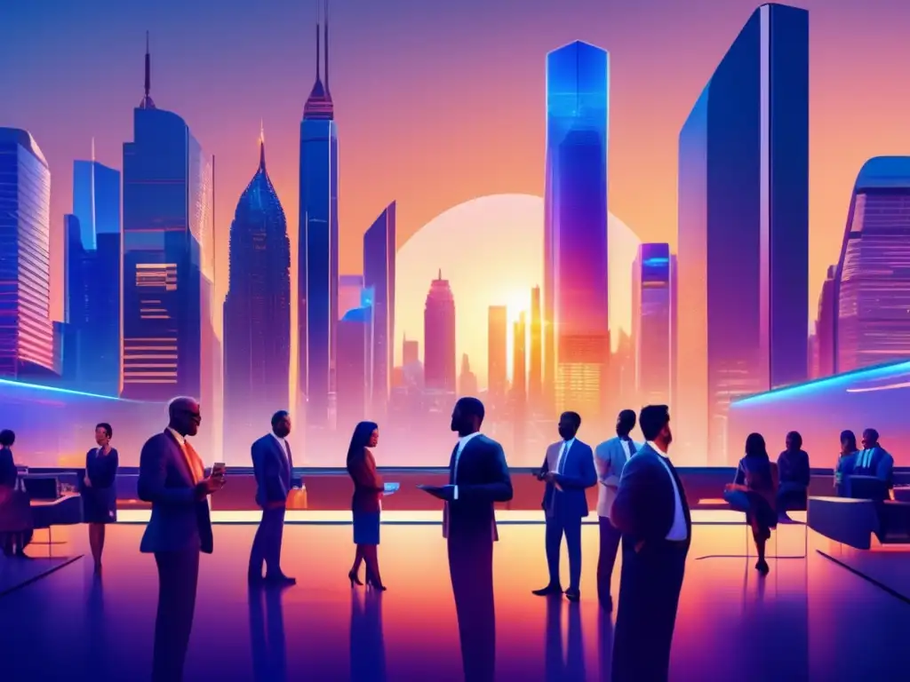 Moderna ciudad futurista al atardecer Efecto de Dotación en inversiones financieras: Ciudad futurista con rascacielos, profesionales y gráficos
