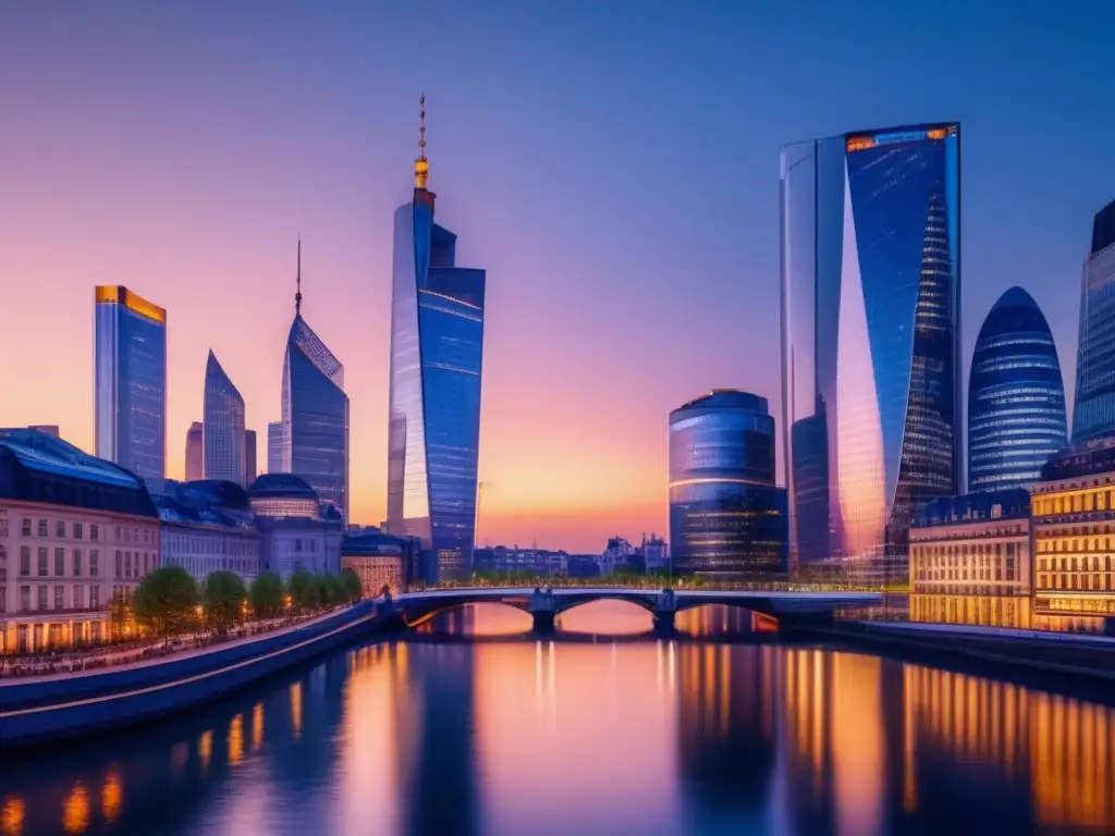 Oportunidades de inversión en Europa Efecto del euro en inversiones en el distrito financiero europeo al atardecer