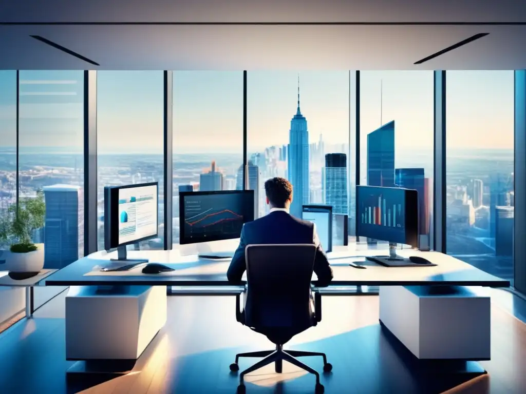 Oficina moderna con vista panorámica a la ciudad Efecto Halo en Finanzas: Oficina moderna con vista panorámica de la ciudad, experto financiero analizando datos y gráficos