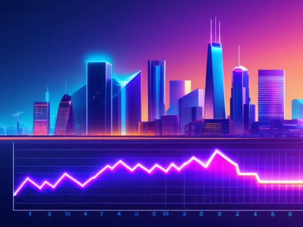 Futuro de la economía global Efecto inflación en criptomonedas: Futuro urbano con rascacielos iluminados y gráfico de tendencia al alza