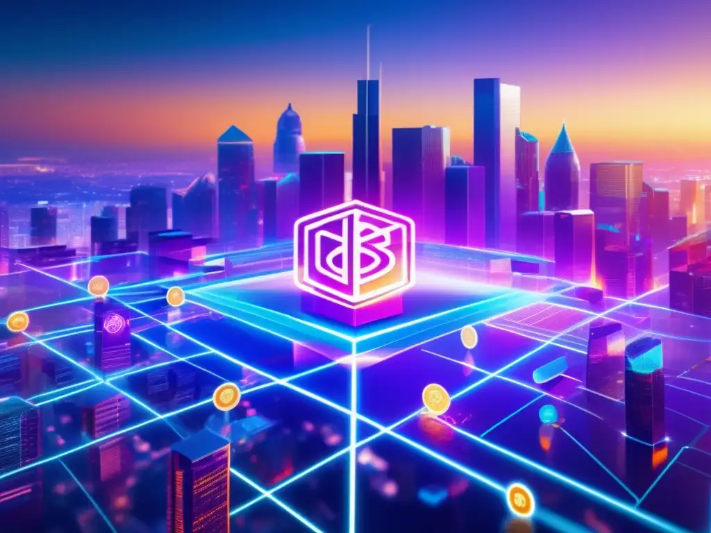Ciudad futurista con criptomonedas y bolsa Efecto de la inflación en criptomonedas y mercado bursátil