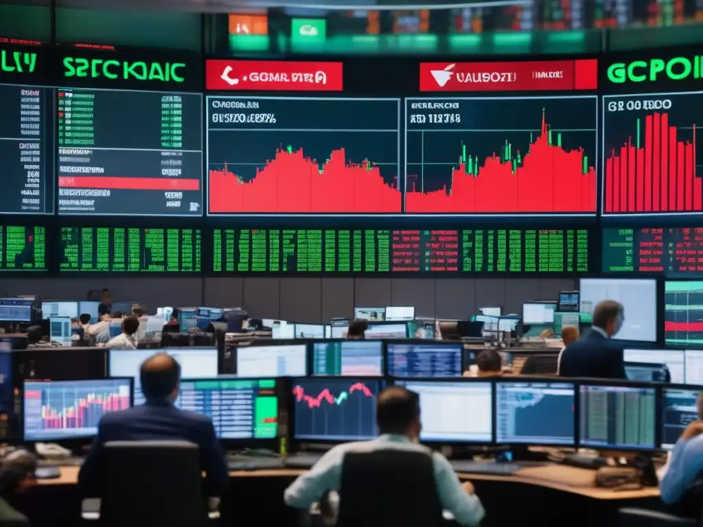 Caos financiero global por conflictos geopolíticos Efecto inmediato conflictos geopolíticos: Caos en mercado financiero global, traders en pánico, precios de acciones en picada, mapamundi con tensiones