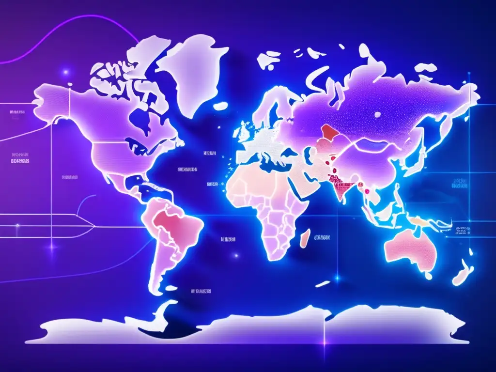 Mapa mundial de conflictos geopolíticos Efecto inmediato conflictos geopolíticos: Mapa detallado 8k con tensiones globales en azul y púrpura