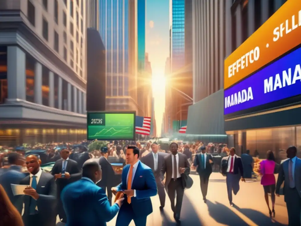 Escena vibrante de Wall Street, reflejando el Efecto Manada en Wall Street, escena vibrante y moderna de la bolsa con traders atentos a las tendencias