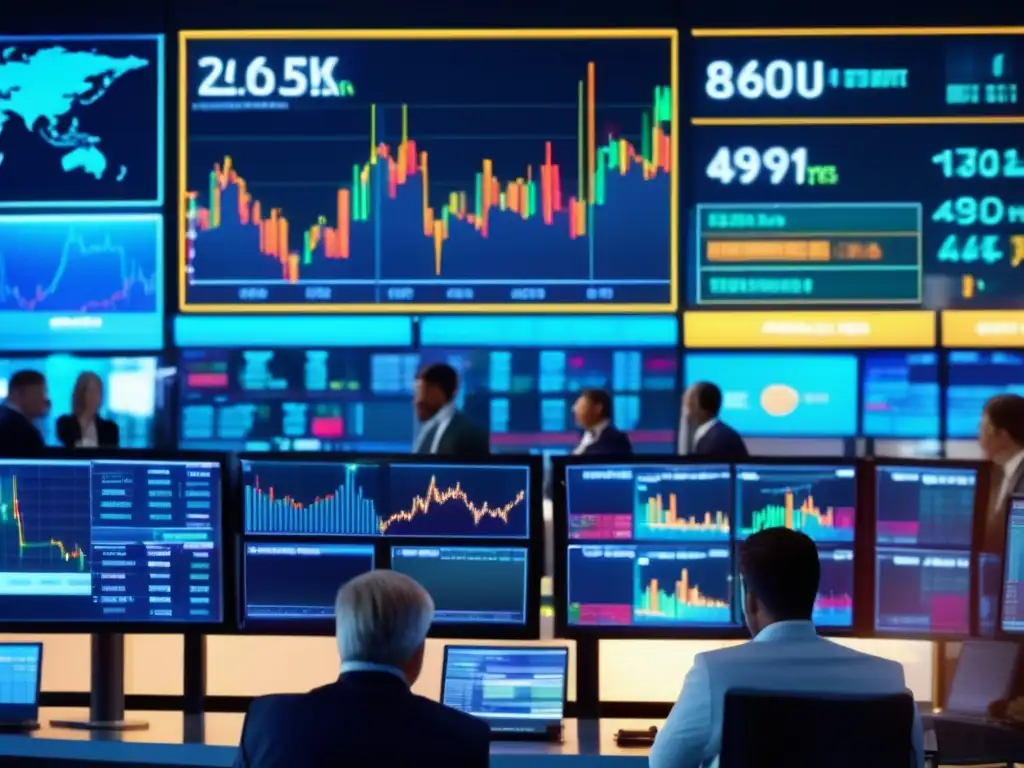 Piso de bolsa vibrante con traders en acción Efecto de la política monetaria en materias primas en vibrante piso de bolsa con traders y gráficos-