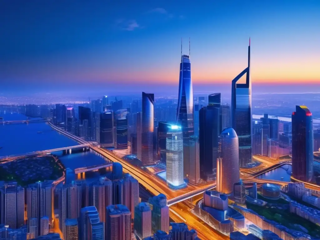 Vibrante ciudad nocturna con rascacielos iluminados Efecto de la política monetaria en materias primas, ciudad moderna con rascacielos, luces vibrantes y río tranquilo