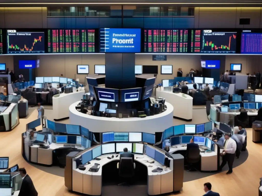 Traders at busy stock market Efecto tasas interés mercado valores: Traders en frenético ambiente de mercado de valores