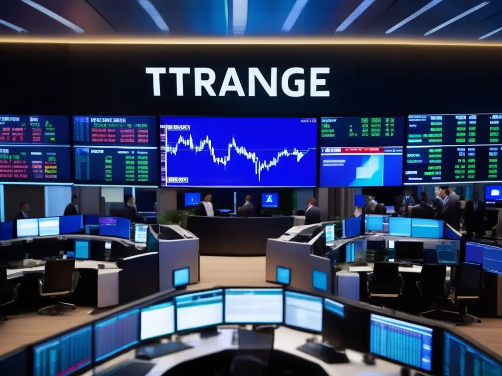 Traders en piso de bolsa, analizando gráficos y datos Efecto tasas interés mercado valores: Traders en piso bursátil, discuten y analizan gráficos en pantallas, rodeados de tecnología avanzada