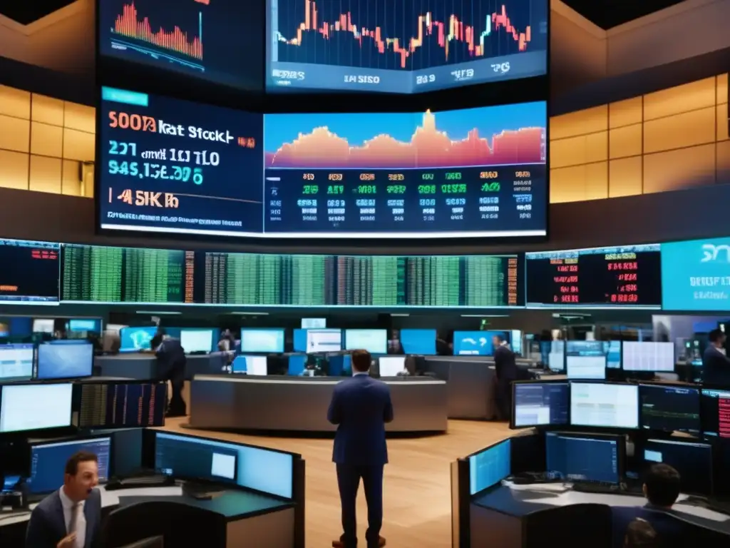 Impacto de tasas de interés en bolsa Efecto tasas interés mercado valores: Traders en la bolsa, monitorean pantallas, con magnifying glass