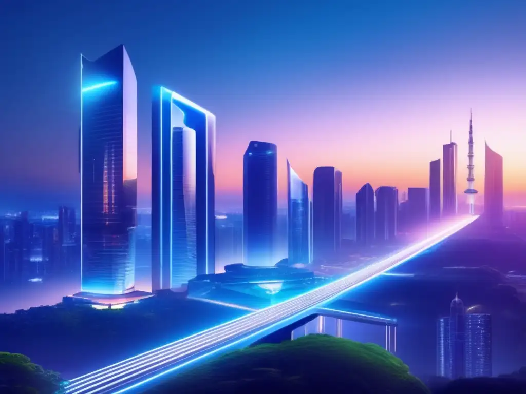 Ciudad futurista con arquitectura innovadora y sostenible Eficiencia energética en criptomonedas: Futurista ciudad con arquitectura innovadora, naturaleza exuberante y discusión descentralizada en Tezos