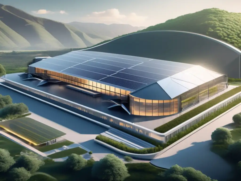 Futuro centro minero de criptomonedas Eficiencia energética en criptomonedas: Futurista centro minero de criptomonedas, con energía renovable y equipo avanzado